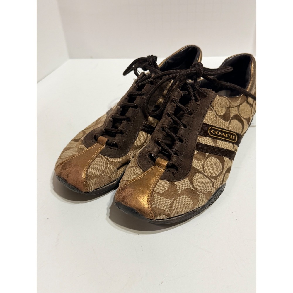 Coach Kate Brown Signature Monogram Sneakers Bronze Metallic Leather 6.5M Q048